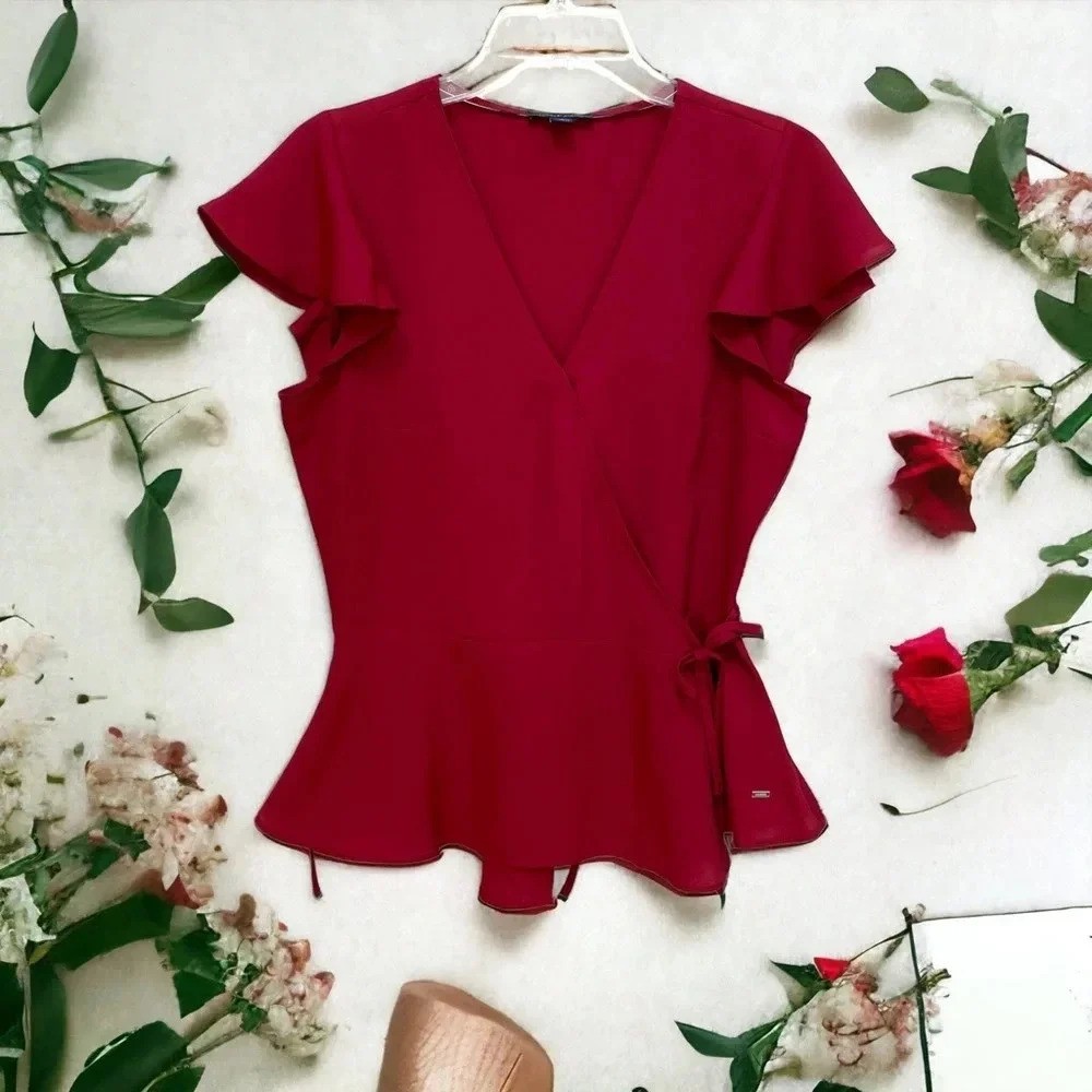 Tommy Hilfiger Red Maroon Burgundy Size S Peplum Wrap Flowy Blouse Top Christmas